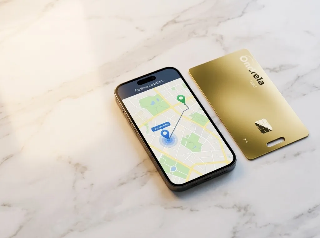 Ondrela Gold card tracker beside a phone showing location tracking