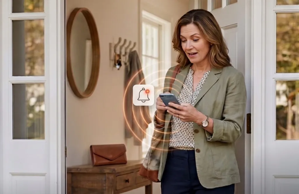 Woman getting a left-behind alert on her phone