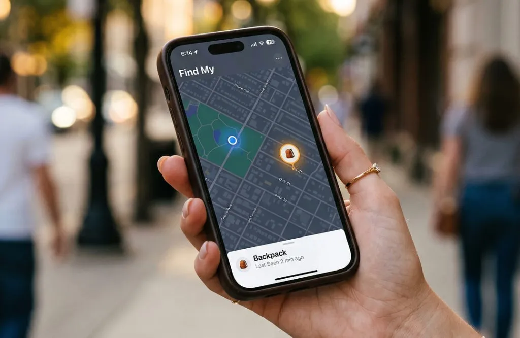 Phone showing Find My map with a tracked item nearby